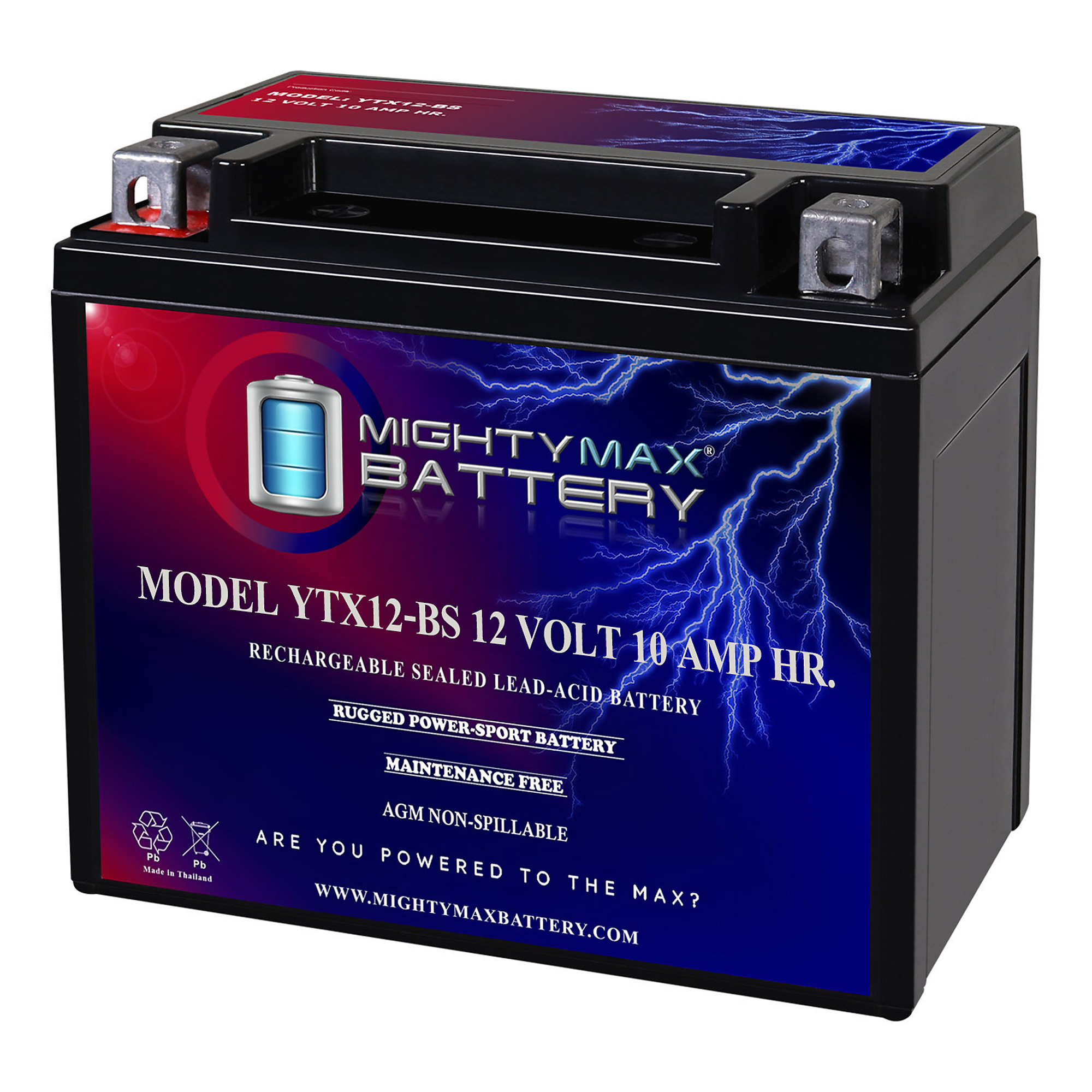 Mighty Max Battery YTX12-BS — 12 Volt, 10Ah, 180 CCA, Rechargeable Maintenance-Free SLA AGM Motorcycle Battery, Model# MAX3455639